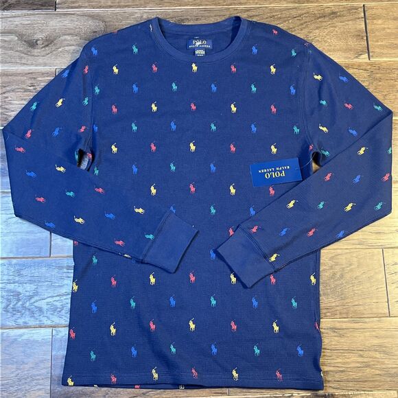Polo Ralph Lauren Thermal Shirt Waffle Knit Crew Neck Allover Pony Print Mens XL - Picture 2 of 4